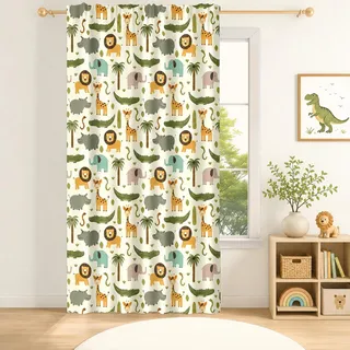YONGFOTO 107x160cm Vorhänge mit Cartoon-Tieren und Stangentasche Tropisch Safari Dschungel Nilpferd Krokodil Giraffe Lichtfilterung Fenstervorhänge mit Schlaufe hinten Für Kinderzimmer Kindergarten