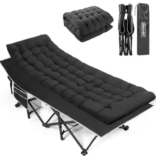 OVERMONT Klappbar Feldbett mit Matratze - Faltbar Campingbett 190 x 71 x 36 cm - bis 250kg Belastbar - 2400D Oxfordgewebe mit Seitentasche Tragetasche für Camping Garten Büro Blau Schwarz