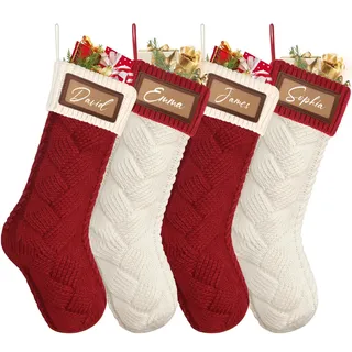 Dremisland 4 Stück Große Weihnachtsstrumpfe Personalisiert 46cm Rot Weiß Nikolausstrumpf mit Namensschilder Gestrickt Weihnachtssocken Kamin Christmas Stockings für Feiertags Familien Party Dekor