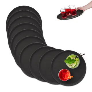 Relaxdays Serviertablett im 10er Set, rutschfeste Oberfläche, rundes Kellnertablett, Gastronomie, Ø 35 cm, schwarz