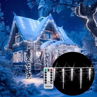 MONZANA® LED Eiszapfen Lichterkette 40 Eiszapfen weiß Fernbedienung 8 Leuchtmodi Timer Innen Außen Weihnachtslichterkette - Weiß