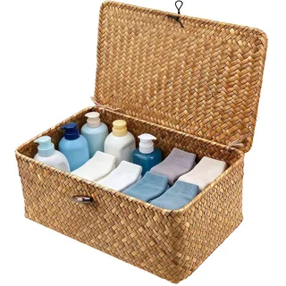 Aufbewahrungskorb aus geflochtenem Rattan – Seegras Korb mit Deckel, handgeflochten, stabiler Metallrahmen, vielseitig als Körbe & Aufbewahrungsbox Badezimmer, Regal, Schlafzimmer, Wohnzimmer(S)