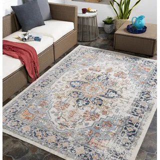 Surya Outdoor Teppich wetterfest, Safi - In und Outdoor Teppich für Balkon 200x275 cm, Terrasse, Garten, Küche - Outdoor Teppich Boho Style, Teppich für draußen - Teppich Blau, Rost, Beige