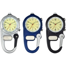 JewelryWe 3pcs Taschenuhr mit Karabiner Befestigung Leuchtende Analog Quarz Uhr für Ärzte Krankenschwestern Sanitäter Blau Schwarz Silber