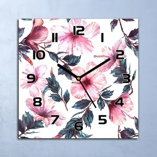 Wanduhr Echt-Glas-Küchenuhr Rosa Hibiskus Quarz Lautlos 30x30 Deko Bilder - Rosa