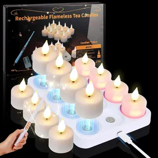 KIKILIVE led teelichter Flammenlose kerzen aufladbar mit Zauberstab fernbedienung timer,12pcs aufladbare teelichter mit ladestation für Zimmer Wohnzimmer Halloween Kürbis Weihnachten Party Deko