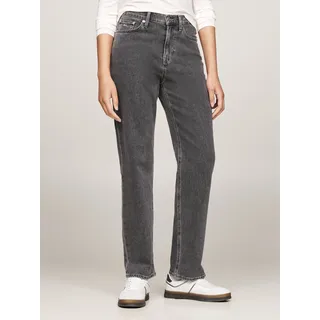 Slim-fit-Jeans TOMMY JEANS "Tommy Jeans - Damenjeans IZZIE -High Waist - Slim-fit - Straight - leg", Damen, Gr. 34, Länge 32, schwarz (denim schwarz), Denim/Jeans, Obermaterial: 99% Baumwolle, 1% Elasthan, unifarben, slim fit knöchellang, Jeans Slim-fit-Jeans, mit Logo-Badge und Stickerei