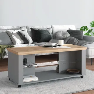 Homestyle4u Couchtisch Holz Glas Grau Rechteckig Wohnzimmertisch Holztisch Tisch mit Rollen - Grau