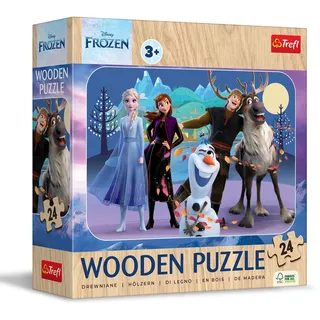 Trefl - Holzpuzzle: Frozen, Unglaubliches Eisland - 24 Elemente, Wooden Puzzle, gerundete Kanten, Dekoratives Muster auf der Rückseite, für Kinder ab 3 Jahren