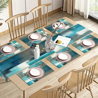 Emvency Farmhouse Tischläufer und Platzsets, Baumwoll-Leinen, abstrakte Blaugrün und Grau, Malerei, Kunst, Esstischdekoration für den täglichen Gebrauch (1 Tischläufer 183 cm lang und 6