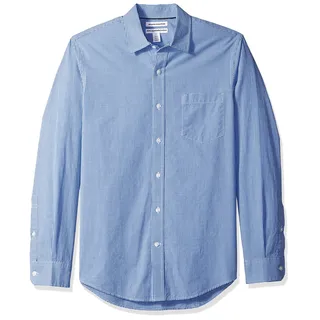 Amazon Essentials Herren Langärmeliges Business Hemd aus Popeline Schmale Passform, Blau Vichy-muster, S