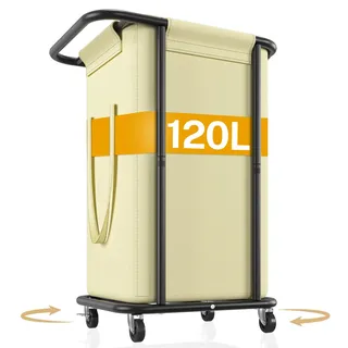 VASZOLA 120L großer Wäschekorb mit Rollen, Schmutzwäschekorb mit abnehmbarer Segeltuchtasche, robuster, stabiler Wäschewagen aus Metall Wäschewagen für Badezimmer, Waschküche, Schlafzimmer, Beige