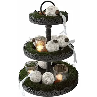 Loberon Etagere Garnette, antikgrau | Mattes, sandiges Finish, Aufwendig, filigranes Dekor, Ideal für saisonale Dekoration