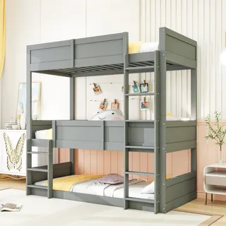 Merax Etagenbett 90x200cm Dreifachbett mit Lattenrost, Hochbett mit Rausfallschutz, Holzbett Abnehmbares Dreifachbett Jugendbett, Grau - Grau