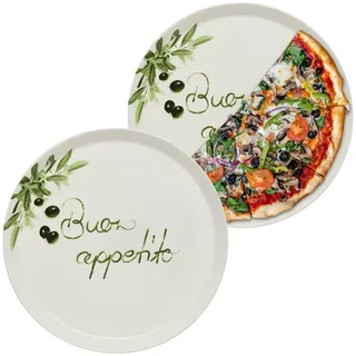 KHG 2er set Pizzateller, extra groß mit 30 cm Durchmesser in Buono appetito | perfekt für Gastro und Zuhause, hochwertiges Porzellan, spülmaschinengeeignet & perfekt Stapelbar, vielseitig einsetzbar