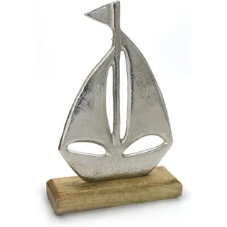 Deko Figur Segelboot 22 cm, Metall Alu Silber auf Sockel aus Mango Holz massiv Natur braun, Dekoboot maritim mediterran, Geschenk Hochzeit Ehehafen