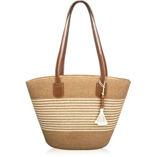 boshiho Sommer Stroh Strandtasche Damen - Handtasche Geflochten Braun groß, Strand Umhängetasche Strohtasche Korbtaschen für Reisen Urlaub, Arbeit, Outdoor, Shopper (Brown Beige)