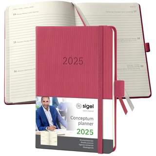 Sigel C2571 Terminplaner Wochenkalender 2025, ca. A6, rot, Hardcover, 176 Seiten, Gummiband, Stiftschlaufe, Archivtasche, aus nachhaltigem Papier, Conceptum