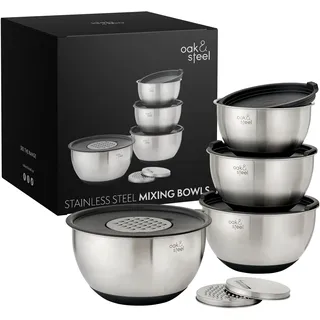 Oak & Steel - 4 Edelstahl Rührschüsseln mit Rutschfestem Boden, Salatschüssel (4,5 l, 3,5 l, 2,5 l, 2 l), 4 Luftdichte Deckel & 3 Verstellbare Reibenaufsatz