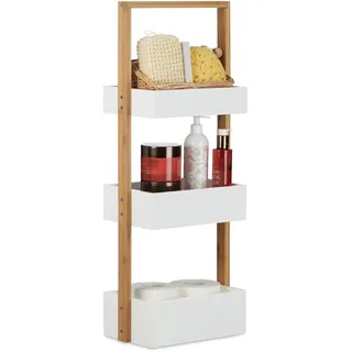 Relaxdays Badregal Bambus, Badezimmerregal mit 3 Körben, Korbregal fürs Bad, MDF, HxBxT: 76 x 30 x 18,5 cm, weiß/natur
