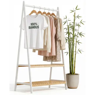 RoyalGrove® Kleiderständer mit 2 Ablagen aus Bambus weiß, Garderobenständer mit stabiler Kleiderstange, Garderobe mit Schuhregal, für Flur, Schlafzimmer, 160 x 80 x 44 cm (Weiß)