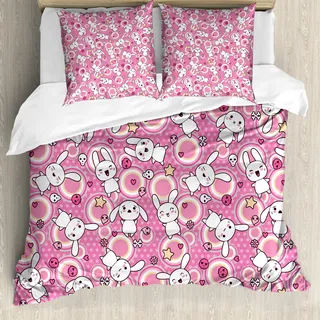 ABAKUHAUS Anime Bettbezug, Kaninchen Kinder Humor, Milbensicher Allergiker geeignet mit Kissenbezügen, 200 cm x 200 cm - 80 x 80 cm, weiß Rosa - Weiß, Rosa