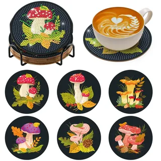 BNG Diamond Painting Untersetzer Pilz Mit Halter, 6 Stück DIY Bastel Untersetzer für Erwachsene, Kunstmalerei Sets für Frauen, Anfänger, Diamant Bastelzubehör