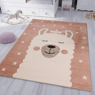 VIMODA Kinderteppich Teppich Lama König Sterne Spielzimmer Kinderzimmer Babyzimmer Pink Creme Kurzflor weich flauschig, Maße:160x230 cm