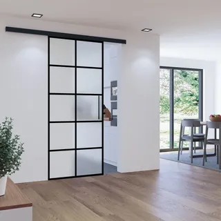 Loft Glasschiebetür 880x2035mm satiniert 10 Felder schwarz Glas Tür Komplettset mit Stabgriff+2seitiger Softclose - Schwarz
