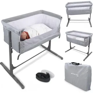Mobiclinic Beistellbett Baby, 2 in 1, Moon, Befestigungsgurte am Bett, 5-stufig verstellbar, Transporttasche, inklusive Räder - Weiß