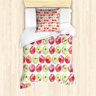 ABAKUHAUS Apfel Mantele, Aquarell Granny Smith, Milbensicher Allergiker geeignet mit Kissenbezügen, 135 cm x 200 cm - 80 x 80 cm, Apfel, Grün, Rot