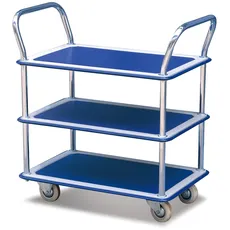 T-EQUIP Etagenwagen, ETW-3-120, 3 Etagen, Silber/Blau, 120 kg Tragkraft, 74 x 48 cm Plattform, Servierwagen, Service Trolley