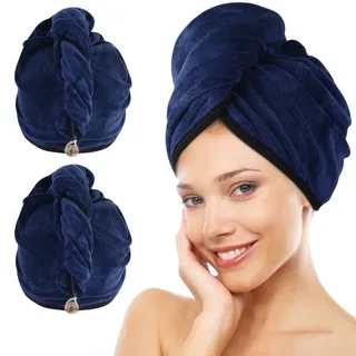 KinHwa Turban Handtuch mit Knopf XL Mikrofaser Haarturban für die Haare schnelltrocknend Haarhandtuch super saugfähig und weich für Lange und dichte Haare 30cmx70cm 2 Stück Navy blau