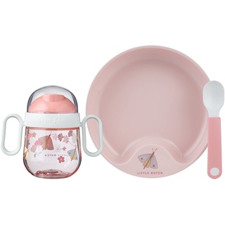 Mepal – Baby 3er Geschirrset Mio – Inklusive auslaufsicherem Trinkbecher, Lernteller & Lernlöffel – Spülmaschinengeeignet & BPA frei – 3er Set – Flowers & Butterflies