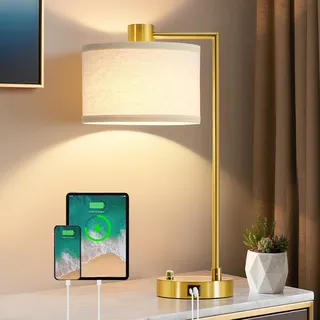 GyroVu Nachttischlampe mit Ladefunktion USB A+C-Anschlüssen, mit Der Drehschalter, Leinen-Lampenschirm, Stufenlos Dimmbar Tischlampen für Schlafzimmer, Wohnzimmer, Hotel(Glühbirne Inklusive)