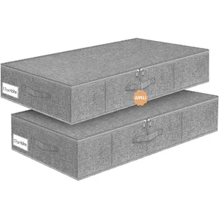 JUPELI Unterbett Aufbewahrungsbox, 2 Stück Faltbarer Unterbettkommode Stabil, Unterbett Aufbewahrung, Kleideraufbewahrung, Decken Organisator Lagerbehälter mit Griff Für Kleidung, Steppdecken, Grau