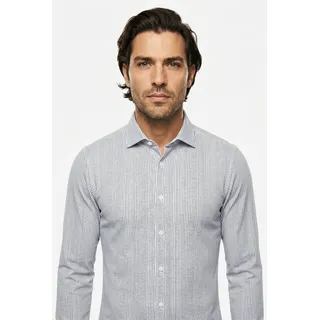 Langarmhemd OLYMP "24/7 - Level 5", Herren, Gr. 46, N-Gr, blau (marine), Jersey, Obermaterial: 86% Polyamid, 14% Elasthan, gestreift, 2-Knopf-Manschette, Hemden Langarmhemd, Flex Jersey, body fit, Anti Smell, Kentkragen