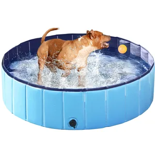 Yaheetech Hundepool faltbar, Planschbecken für Hunde 120 x 30 cm, Anti-Rutsch-Platten, Schnelle Entwässerung, Hundebadewanne mit Badebürste & 4 Flicken, Swimmingpool Verdickt PVC, Blau