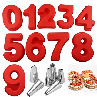 LZYDKH Kuchenform Zahlen,15 Stück Silikon Backform Zahlen Groß 10 Zoll Number Cake Backform mit 6 Spritztüllen für Geburtstag Party Jubiläum (0-8)-Rot