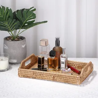 Rechteckiges Rattan-Tablett Dekoratives Display Aufbewahrungstablett mit Griff Tisch Büro Organizer Schublade für Kasse Getränke Frühstück Tee Kerze
