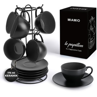 MIAMIO - 6 x 175 ml Tasse Cappuccino Tassen mit Unterteller & Ständer/Cappuccinotassen Set - Le Papillon Kollektion (Schwarz)