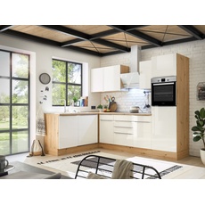 Bild von Eckküche mit Geräten Weiß Hochg/Eiche ca. 280x170cm