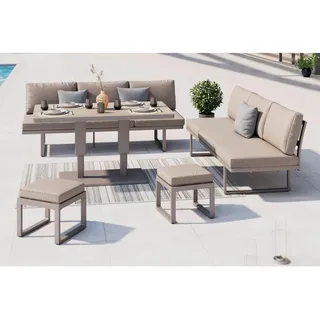 Ambia Garden Dining-Loungeset , Hellgrau, Beige , Metall, Glas, Textil , 5-teilig , Füllung: Schaumstoff,Polyester , Gartenmöbel, Gartengarnituren, Gartenmöbel-Sets
