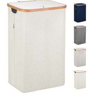 Lonbet - Wäschekorb mit Deckel Groß - XL 100 Liter - Wäschekorb Holz Bambus - Wäschesammler Beige mit Griffen - Laundry Basket with Lid - Laundry Hamper