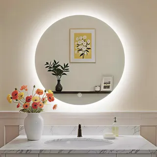 S'AFIELINA LED Badspiegel Rund Badezimmerspiegel Wandspiegel mit Touch-Schalter,Kaltweiß 6500K 70 cm - Transparent