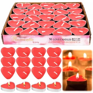 RUNEAY Herz Teelichter Rot 50 Stück - Romantische Kerzen Deko für Valentinstag, Verlobung, Heiratsantrag und Marry Me