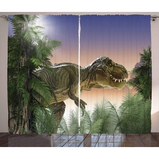 ABAKUHAUS Jurassic Rustikaler Gardine, Dinosaurier im Dschungel, Schlafzimmer Kräuselband Vorhang mit Schlaufen und Haken, 280 x 260 cm, Pfirsich Grün