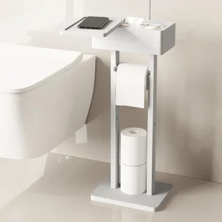 Wealone 4-in-1 Weiß Freistehender Toilettenpapierhalter mit Oberem Ablagefach, Bambus Klopapierhalter Stehend, Toilettenpapierhalter mit Feuchttücherbox, Vorübergehende Desktop für Badezimmer