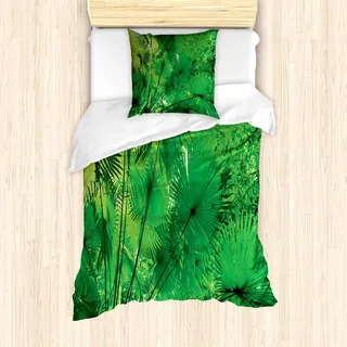 ABAKUHAUS Regenwald Mantele, Exotische Dschungel Plants, Milbensicher Allergiker geeignet mit Kissenbezügen, 135 cm x 200 cm - 80 x 80 cm, Grün - Grün
