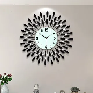 JIUJIUDA Große Schwarze Wanduhr, 60cm Modern Kristall Metall Wanduhr Lautlos Ohne Tickgeräusche, Luxus Runde Dekorative Uhr für Wohnzimmer Schlafzimmer Küche Büro